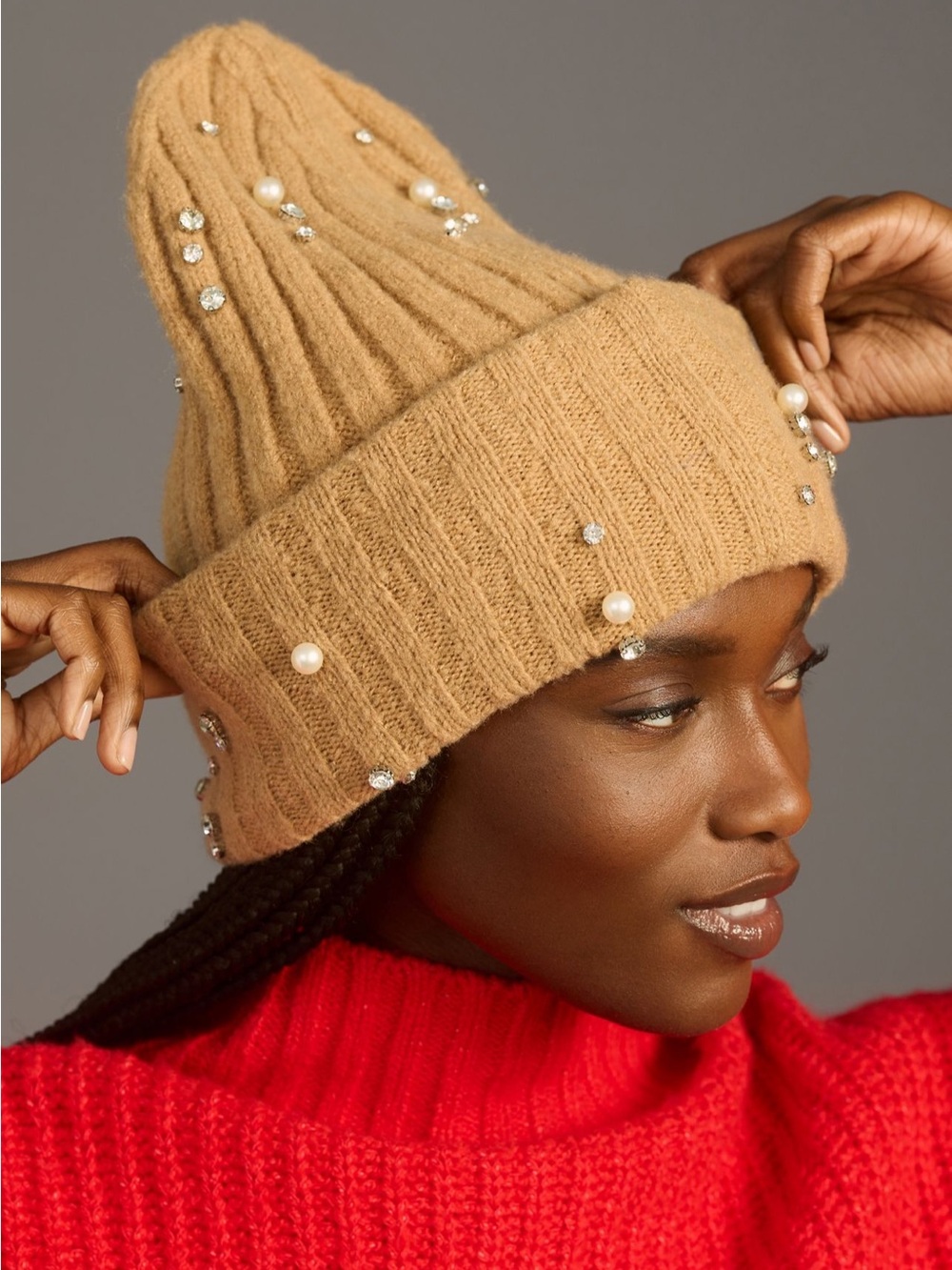Embellished Rib-Knit Beanie in Camel